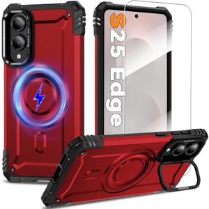 Magnetic Case for Samsung Galaxy S25 Edge 5G [Built-in Camera Ring Stand] [Screen Protector] [Military-Grade Protection] Heavy Duty Shockproof Protective Cover for Samsung S25 Edge 5G 6.66 inch, Red