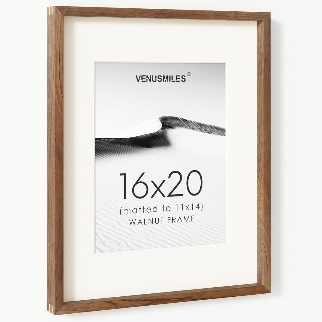 16" x 20" Picture Frame, USA-Sourced Natural Walnut Wood Photo Collage Frame with HD Tempered Glass, Modern Simple 16"x20" Wooden Frame Matted to 11"x14", Vertical & Horizontal Wall Hanging Display