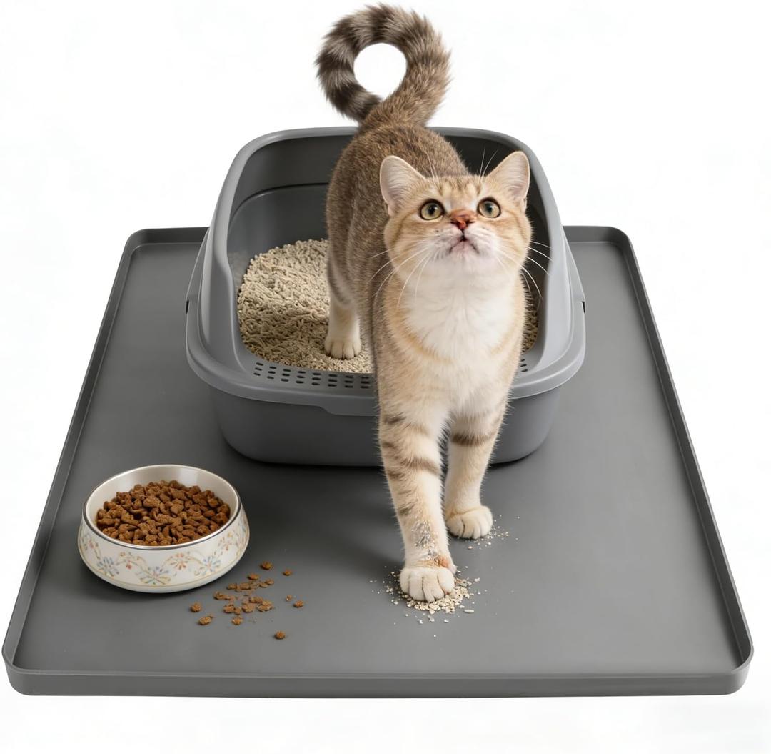 Silicone Cat Litter Mat 24x20 in Waterproof Litter Box Mat Leak-Proof Thick Under Kitty Litter Box Feeding Tray with Raised Edges for Floor Carpet, Grey