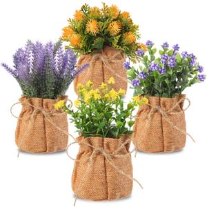 4 Pcs Burlap Bag Vases Fake Flowers Small Artificial Faux Plants for Farmhouse Home Coffee Table Bookshelf Office Desk Decorations Kitchen Dining Room Fake Plants Indoor