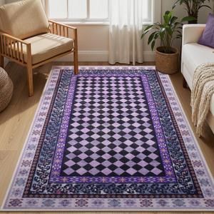 Wonnitar Washable 3x5 Checkered Rug, Non Slip Purple Trellis Bedroom Area Rug, Low Pile Soft Funky Checked Throw Carpet for Living Room Girls Kids Room Nursery, Dorm Home Decor (Purple,3x5)