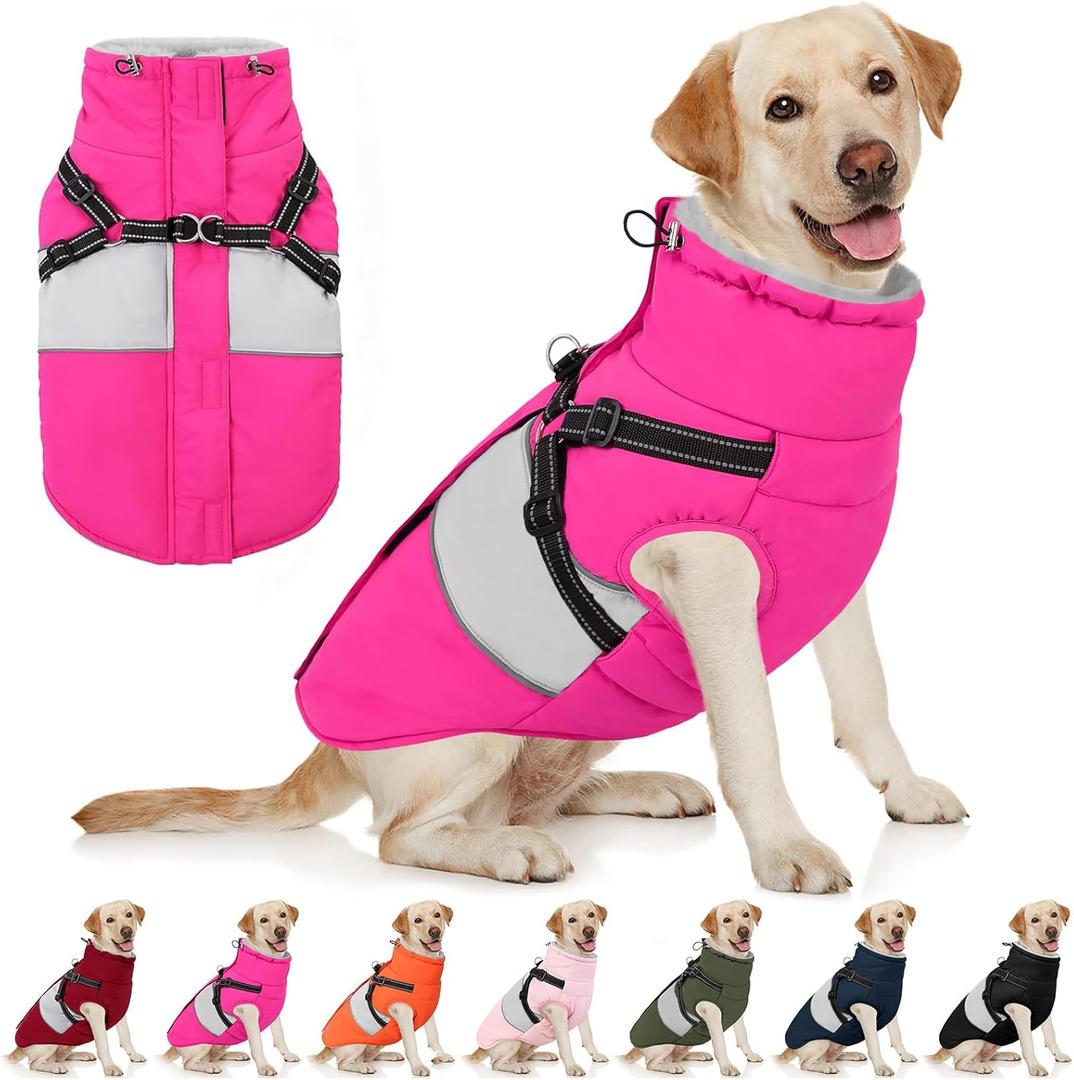 AOFITEE Dog Winter Coat, Dog Coat with Harness Built in, Dogs Jacket for Large Dogs, Reflective Waterproof Pet Puffer Jacket Snowsuit, Warm Fleece Windproof Pet Sweater for Cold Weather, XL (Rose Red)