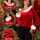 Christmas Tops for Women - Xmas V Neck Fur Trim Sweaters Casual Loose Sweatshirts Velvet Long Sleeve Pullover (Red, S)