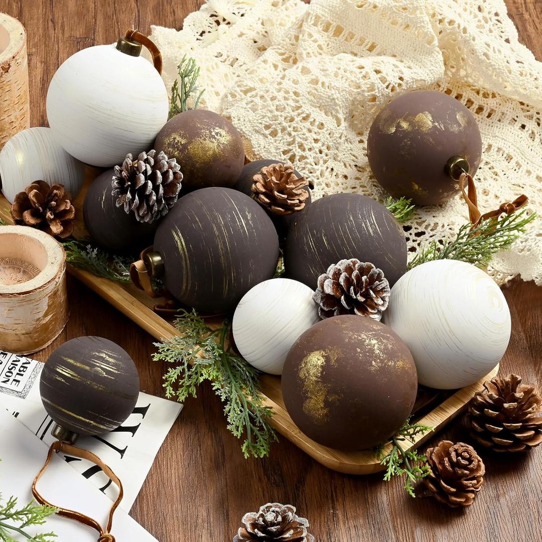 Waipfaru Large(3.15/2.36") Neutral Textured Christmas Balls Ornaments Vintage Rustic Christmas Tree Decorations Shatterproof Hanging Ball for Xmas Farmhouse Decor(Weathered Oak Color) (White Brown Bronze)