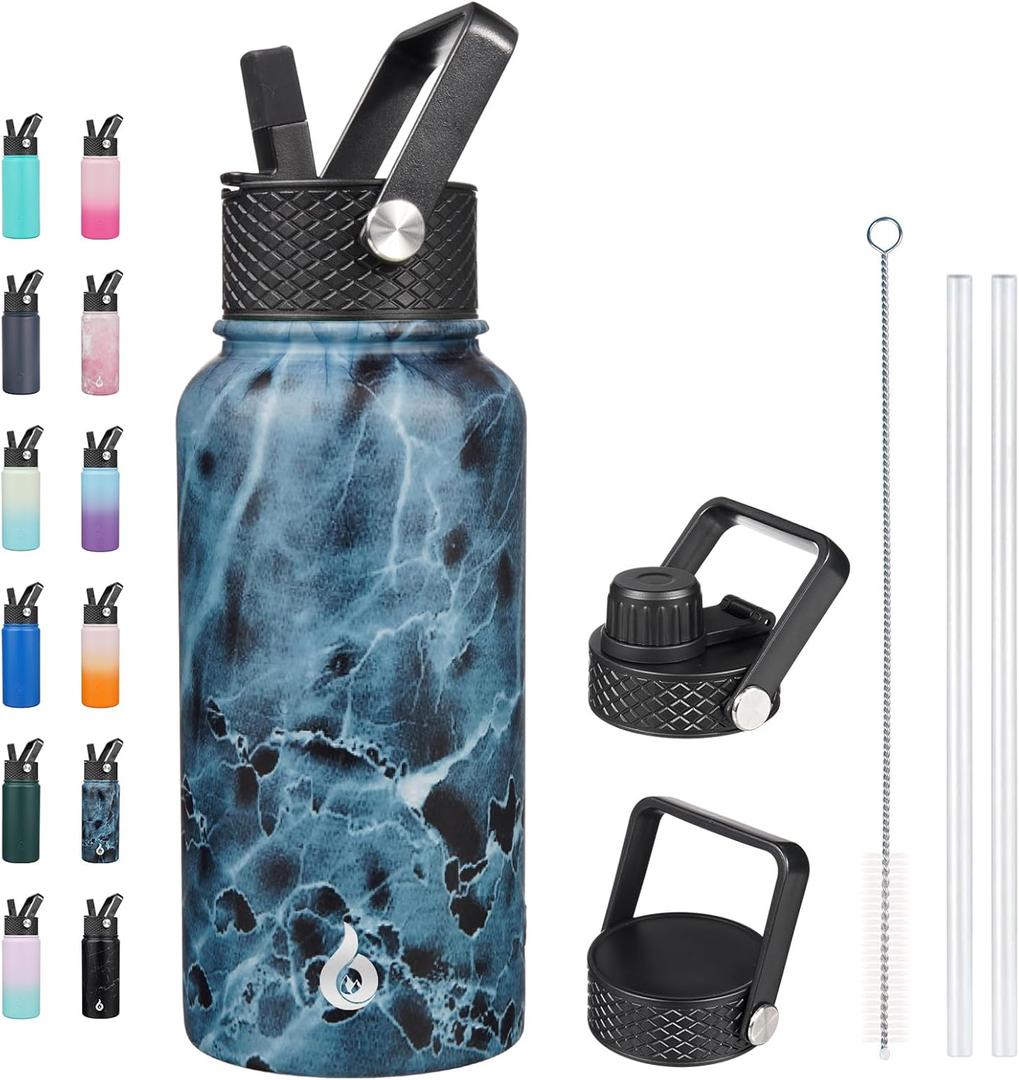 BJPKPK Insulated Water Bottles with Straw Lid, 27oz Stainless Steel Water Bottle with 3 Lids, Leak Proof BPA Free Metal Thermos, Mugs, Tumblers, Keep Cold Hot -Ocean