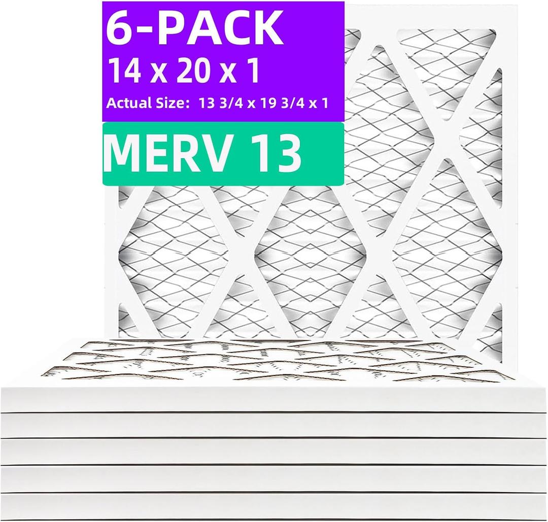 14x20x1 MERV 13 (6-Pack) Pleated Air Filter (Actual Size: 13.75"x19.75"x0.75") MPR 1900 & FPR 10, Furnace Air Filters