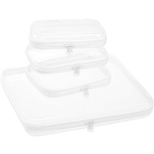 4 pcs Zipper Pouches Set, XL Hard Shell Storage Bag with 3 Medium Minus Travel Cases, Stackable Toiletry Organizer, Cosmetic Bag, Transparent Travel Storage (XL + 3 M-) (White)