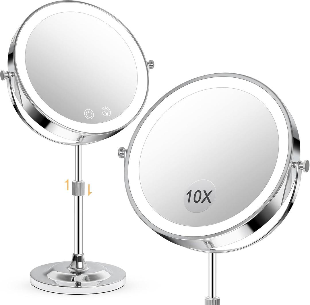 9" Makeup Mirror with Lights,5000mAh Rechargeable Vanity Mirror,1X/10X Double Sided Magnifying Mirror with Adjustable Height, 3 Colors Stepless Dimming Lighted Makeup Mirror,Women Gift