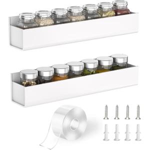 PMMASTO Adhesive Acrylic Spice Rack Organizer for Wall with Nano Double Sided Tape, Spice Shelf Organization for Kitchen Cabinet Door/Pantry Door, Wall Mount Seasoning Rack (White-2 Pack)