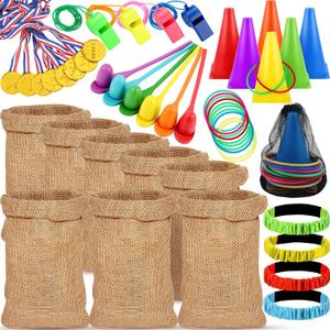 Deekin 51 Pcs Carnival Outdoor Games for Kids, 8 pack 24''x40'' Potato Sack Race Bags 3 Legged Race Bands Egg Spoon Rings Toss Cones Prizes Whistles for Family Yard Lawn Easter Games