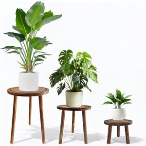 3-Pack Wood Plant Stands Indoor, Mid-Century Modern Plant Stool for 6-12 Inch Pots, Tall Single Corner Wooden Planter Table for Multiple Plants, Living Room, Balcony, and Office