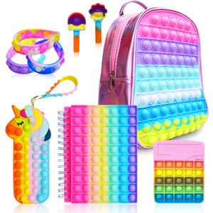 Pop Fidget Backpack for Girls, Pop it Bags&pop it Notebook and Unicorn Pencil Case for Kids' Fidget School Supplies Stress Relief, Great Birthday Present Gift for Kids