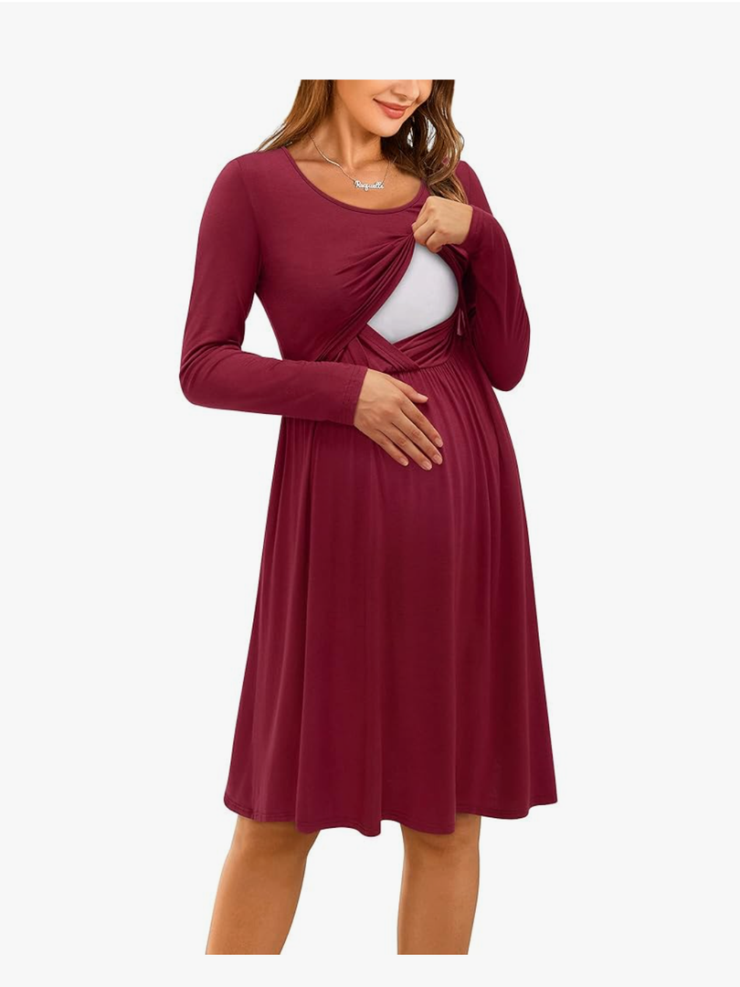 Womens Solid/Floral Maternity Dresses Sleeveless/Long Sleeve Nursing Gown Breastfeeding Clothes, Size L