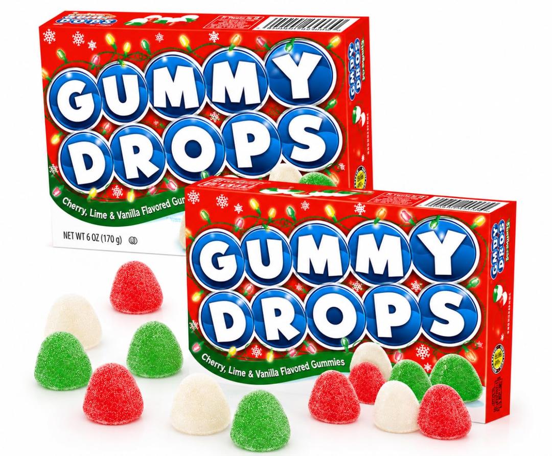 Gummy Candy Drops, Holiday Bells Shapes, Cherry, Green Apple Lime, Strawberry Flavors, 6 oz Box, 2 Pack (EXP 08/31/27)