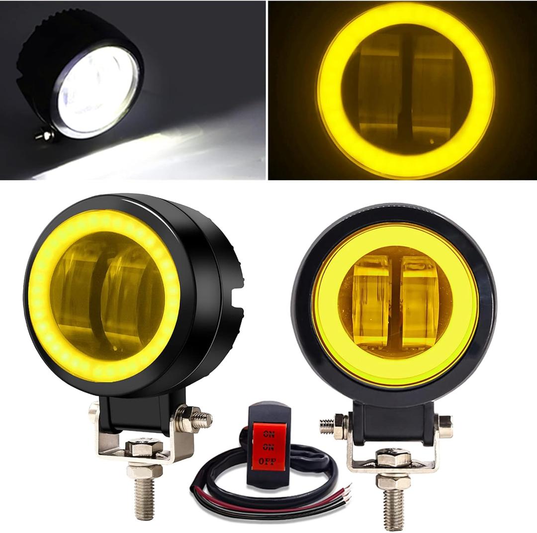 Motorcycle LED Fog Lights, 3Inch 20W LED Spotlights Additional Driving Lamp with Yellow Halo, Universal, Waterproof.(Include Switch)