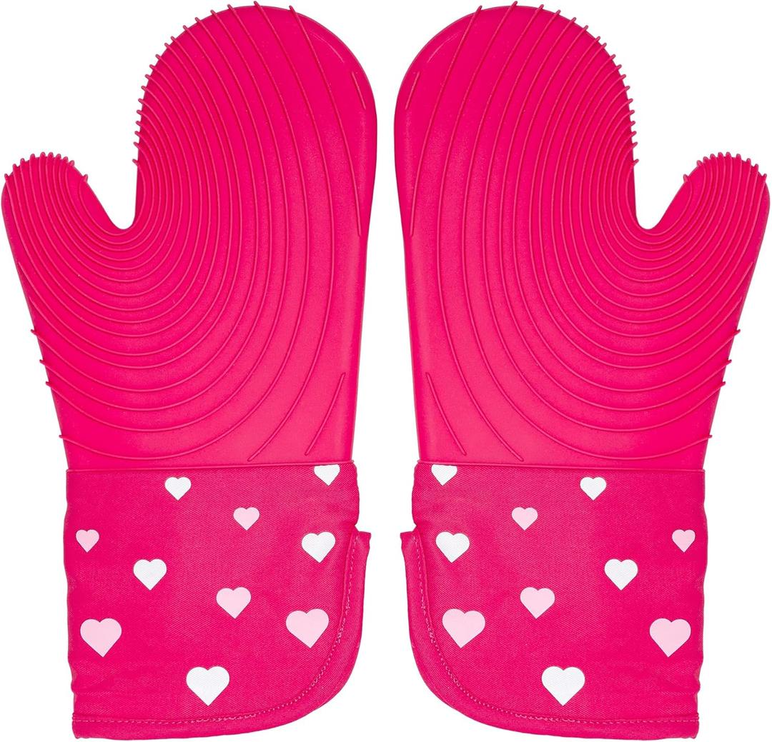 Paris Hilton Oven Mitt Set with Heart Design, Heat Resistant Pot Holders Featuring Non-Slip Textured Silicone Grips, 2-Piece Set, Pink