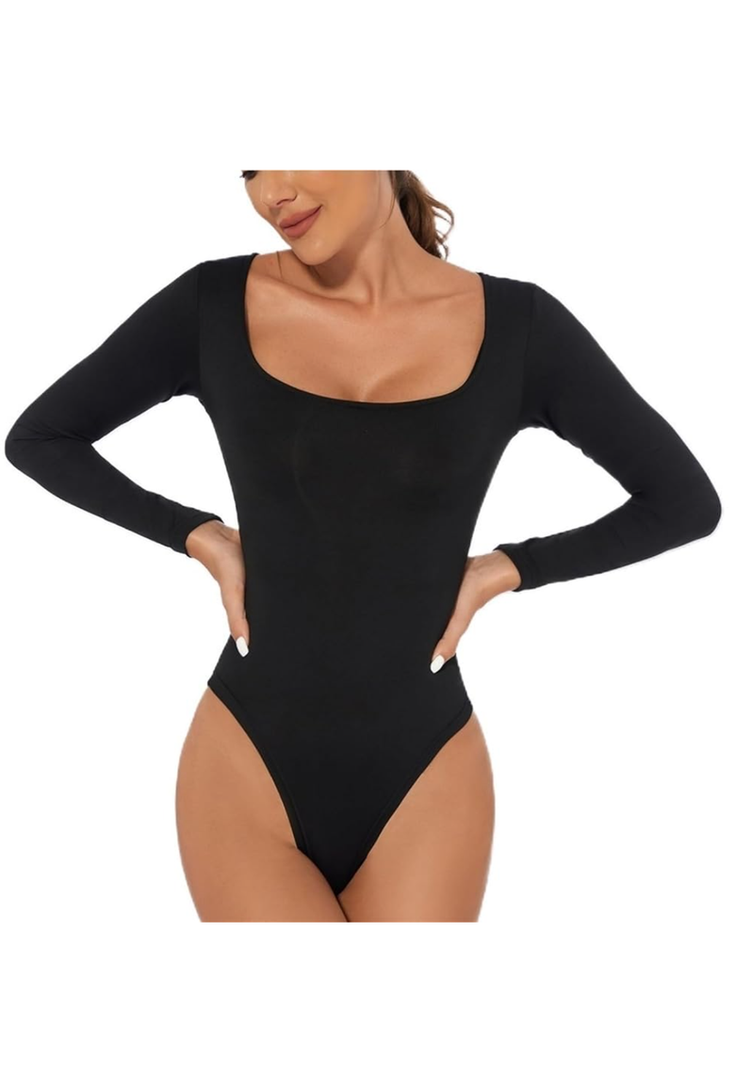 Women's Thong Bodysuits for Tummy Control Seamless Body Suits Long Sleeve Shapewear Square Neck Casual T-Shirt Tops, L