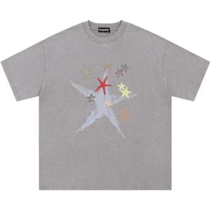 Oversize Star Print Tees Vintage Washed Graphic T Shirts Short Sleeve Y2K 90S Summer Unisex Streetwear Tops (L)