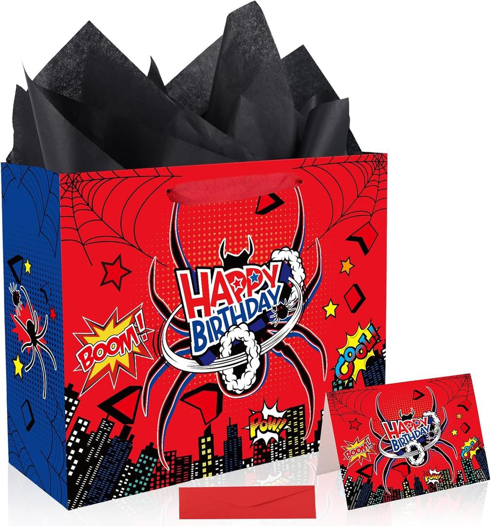 SAVITA Spider Birthday Party Bag Set, Cartoon Theme Spider Goodie Gift Bag Wrapping Paper Greeting Card Envelope for Kids Birthday Party Decoration Supplies