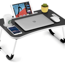 Foldable Laptop Table, Portable Lap Desk Bed Table Tray, Laptop Stand with Cup Holder & Tablet Slot & Lifting Handle for Working Writing Drawing & Eating (Black)