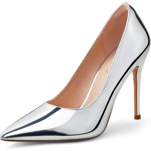 Elisabet Tang Women's High Heels Pumps Closed Pointed Toe Stiletto 4inch Heels Classic Office Special Dressy Wedding Pump Shoes Silver 8