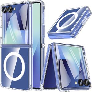 For Samsung Galaxy Z Flip 7 Case,Z Flip 7 Case Magnetic Built-in Screen Protector [Compatible with MagSafe] Transparent Shockproof Clear Back [New Upgrade] Protective Rugged Phone Cover-Clear