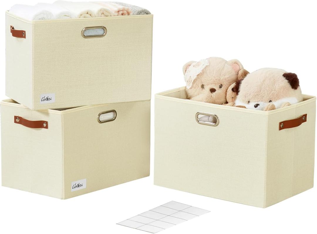 3-Pack Foldable Fabric Storage Bins with Durable PU & Metal Handles , Collapsible Storage Baskets for Shelves, Home Storage, Closet Organizers, Living Room(17"x11.8"x11.8", Beige) (Extra Large)