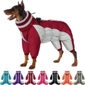 Full Body Dog Coat - Warm Fleece Jacket for Large Dogs, Turtleneck Winter Coats with Harness, Reflective Windproof Dog Snowsuit with Legs for Labrador,Golden Retriever, Burgundy 2XL