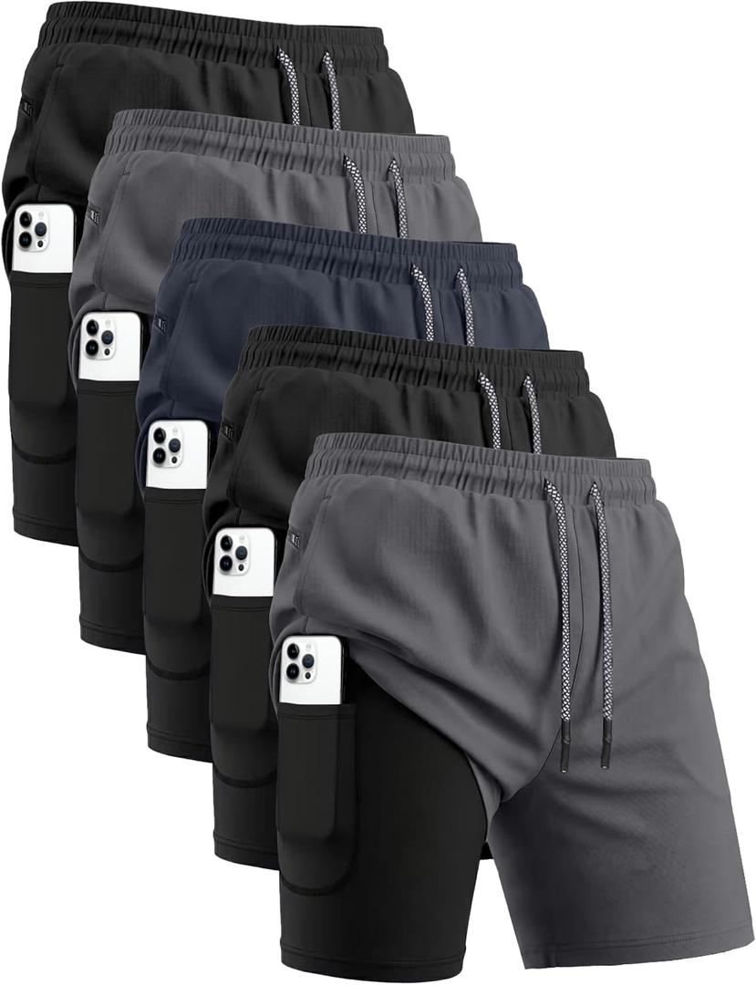 HOPLYNN 5 Pack Mens 2 in 1 Running Shorts with Liner, Quick Dry Workout Training Gym Athletic Sport Shorts with Pockets (Black, L)