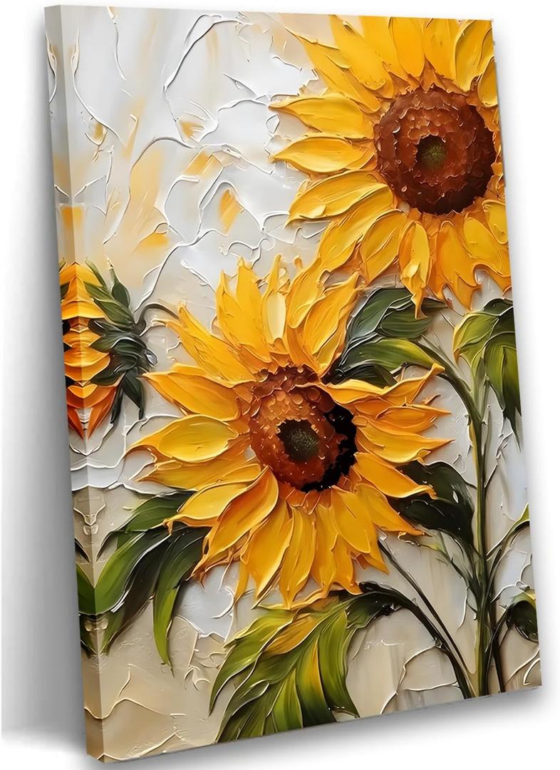 Sunflower Canvas Wall Art, 2D No Texture Sunflower Painting Poster, Yellow Flower Wall Decor, Simple Flower Picture for Wall Living Room Bathroom Bedroom Home Decoration 16*24 in ( Stretched Canvas on A Wooden Frame)
