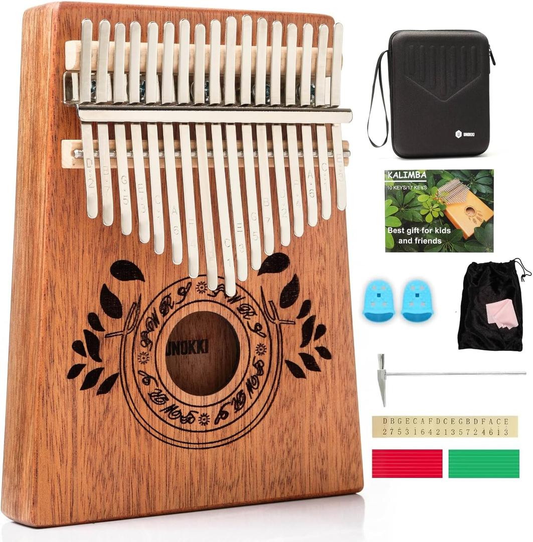Kalimba Thumb Piano, Portable Mahogany Mbira Finger Piano with Instruction, Case, Tune Hammer for Kids, Light Brown - Kalimba 17 Key Instrument