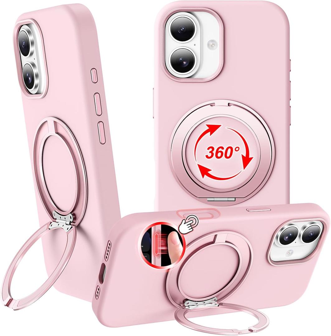 STERKER 360° Rotatable Stand Compatible with iPhone 17 Case with Magnetic [Military Grade Drop Tested][Adjustable Kickstand] Ring Holder Silicone Slim Back Soft Edge, Pink