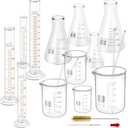 FOUR E'S SCIENTIFIC Glass Beaker Set 50/100/250/500 ml, Glass Flask 50/100/150/250 ml, Graduated Cylinder 10/25/50/100ml, 1 Brush, 2 Droppers, and 4 Stirring Rods