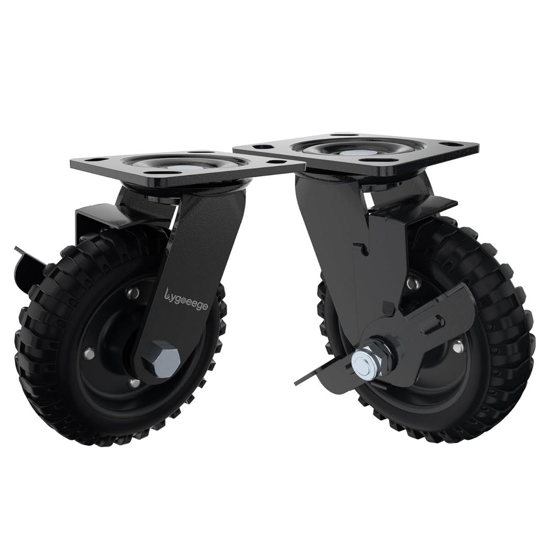 Swivel Heavy Duty Caster Wheel, 6 Inch*2, 800lb Capacity, Black Rim, Solid Rubber, Cast Iron,Brake Casters,Outdoor, Flat Free for Carts, Dolly, Workbench,Trolley,DIY Tools