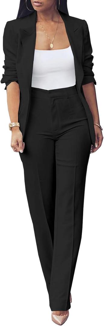 HuiSiFang Womens Fall Fashion 2 Piece Blazer Sets Open Front Blazers and Slim Fit Pants Suits Set (Medium)