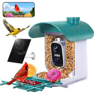 Bird Feeder with Camera : Ultra HD Live Video, AI Birds Species Identification Smart Bird House Camera with Solar Powered, Instant Notifications,Weatherproof for Outdoors - Gifts for Women Man (Green)