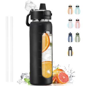 Kodrine Water Bottle With Straw and Carry Handle, Glass Water Bottle 24 oz Leak Proof Locking Lid with Soft Silicone Spout, Reusable Drinking Cups for Travel Sports with Time Marker,Black