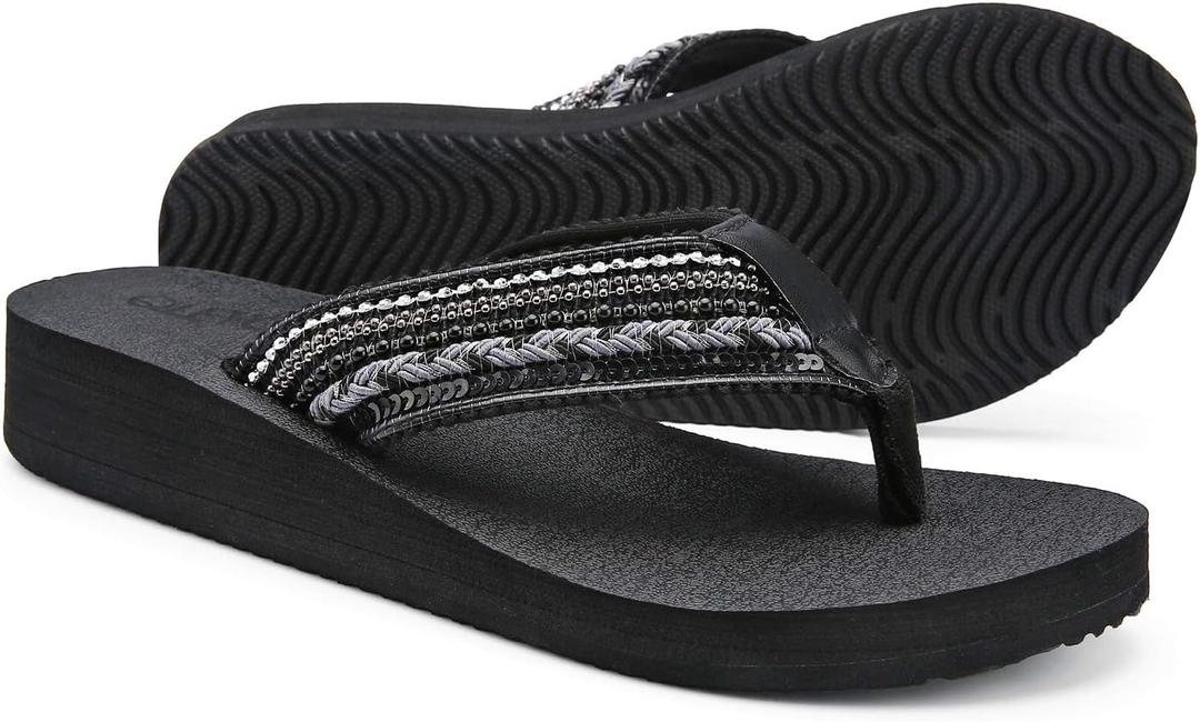 QLEYO Women's Platform Flip Flop with Arch Support, Comfortable Yoga Mat Wedge Flip-Flops, Athletic Walking Thong Slippers for Vacation/Shopping Mall/Wandering/Gathering 10
