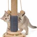 4-in-1 Solid Wood Cat Scratching Post with Self-Groomer, Natural Sisal Scratching Post with 2-Level Track Ball Toy, Interactive Cat Tree & Furniture Protector for Indoor Cats Medium Size
