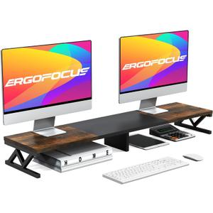 Dual Monitor Stand Riser, Large Wood Monitor Riser for 2 Monitors, Monitor Lift with Storage for Desk, Sturdy Wood & Steel Multi Screen Stand, Desktop Organizer Monitor Stand for Computer (Rustic Brown+Black)