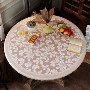Round Fitted Tablecloth with Elastic Farmhouse Waterproof Oli Proof Table Cover Rustic Wipeable Vinyl Table Protector for Home Picnic Outdoor (Scroll Grass, 36"-45" Round Tight Fit)