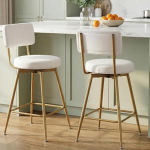 Gold White Counter Height Bar Stools Set of 2, Modern Swivel Bar Stools with Back, 25 Inch PU Leather Barstools Bar Chair Island Stool for Kitchen Counter, White Gold