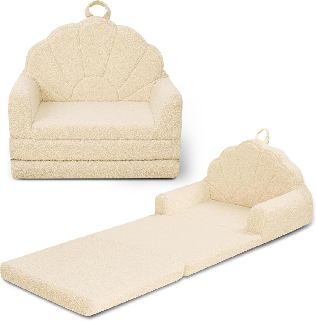 Airpanda Toddler Chair for Kids, 2-in-1 Soft Couches that Fold Out for Toddler, Convertible Baby Sofa to Lounger for Playroom with Cute Petal Design, Beige