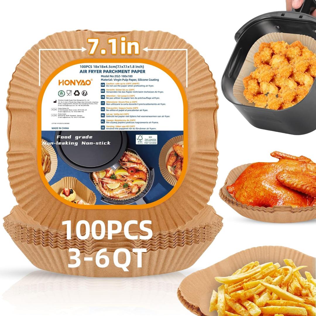 Air Fryer Paper Liners for 4 qt / 5 qt / 6 qt, 7.1 x 7.1 inch Thickened Square Disposable Liner Compatible with Ninja/Chefman/Cosori/Instant Pot and other 4q-6qt Airfryer