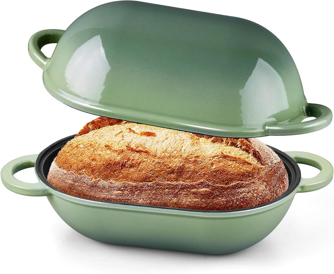 Onader Enameled Cast Iron Oval Dutch Oven for Bread Baking, 9x5-1/2 Inch Loaf Cast Iron Bread Oven Pan with Lid, 2.8QT Meatloaf Pan for Sourdough, Heavy Duty - Pistachio Green