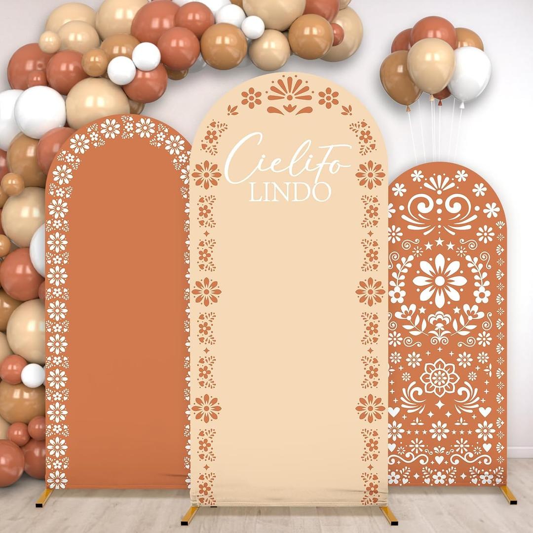 3 Sets Mexican Theme Arch Backdrop Covers Baby Shower Background Covers Round Top Arched Stretchy Backdrop Cover Brown Arched Banners Set for Wedding Birthday Baby Shower Party Decors Supplies