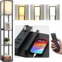 Dimmable Floor Lamp with Remote, Column Standing Lamp with 3 Level Brightness, Shelf Floor Lamp with 2 USB Ports, 2 Power Outlets and Remote