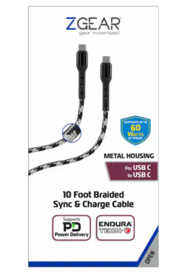 ZGear 10 Foot Braided Sync & Charge Cable - White/Black 