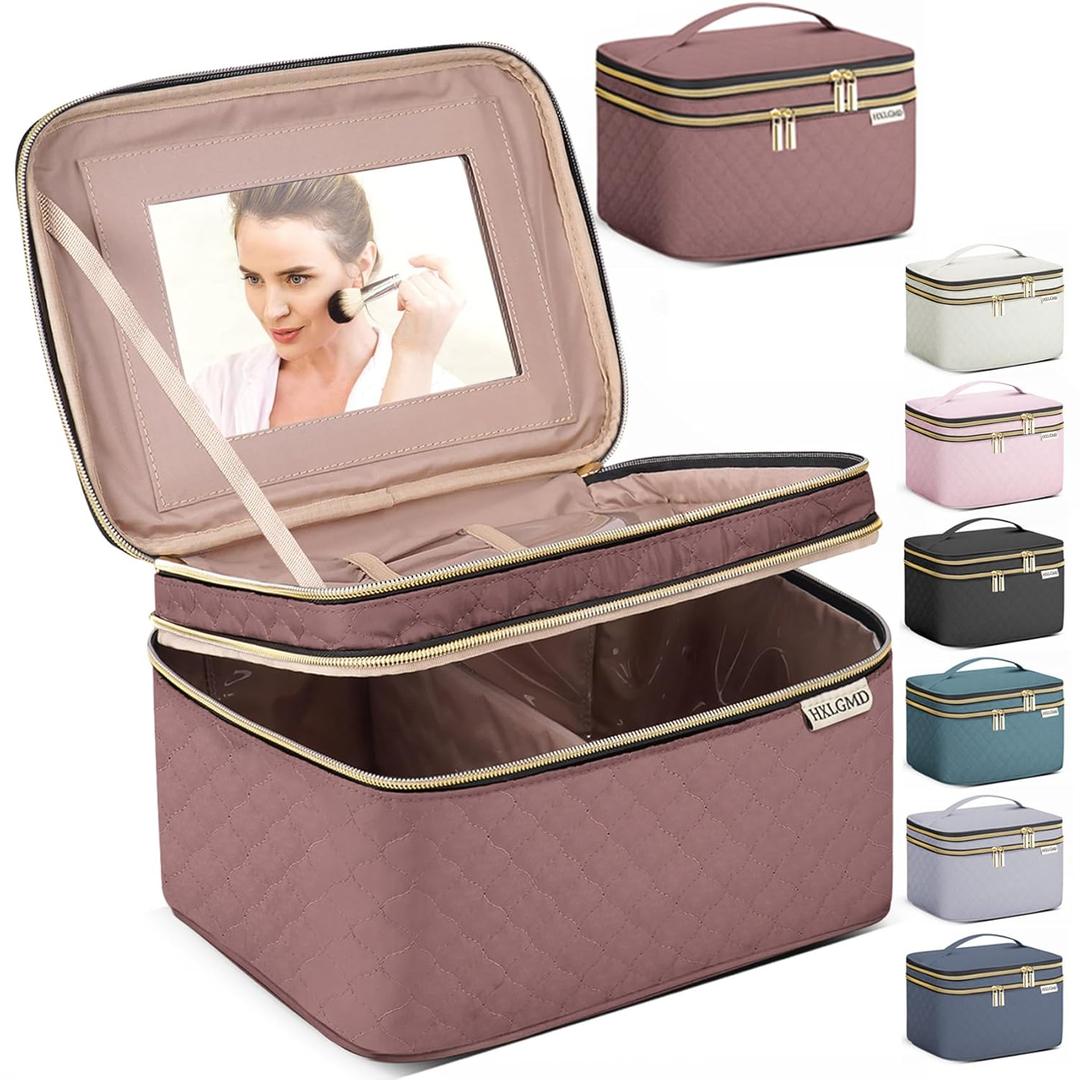 Large Makeup Bag with Mirror Double Layer Travel Make Up Organizer Case, Large Capacity Coemetic Bag with Brush Slot Divider (Rosewood)