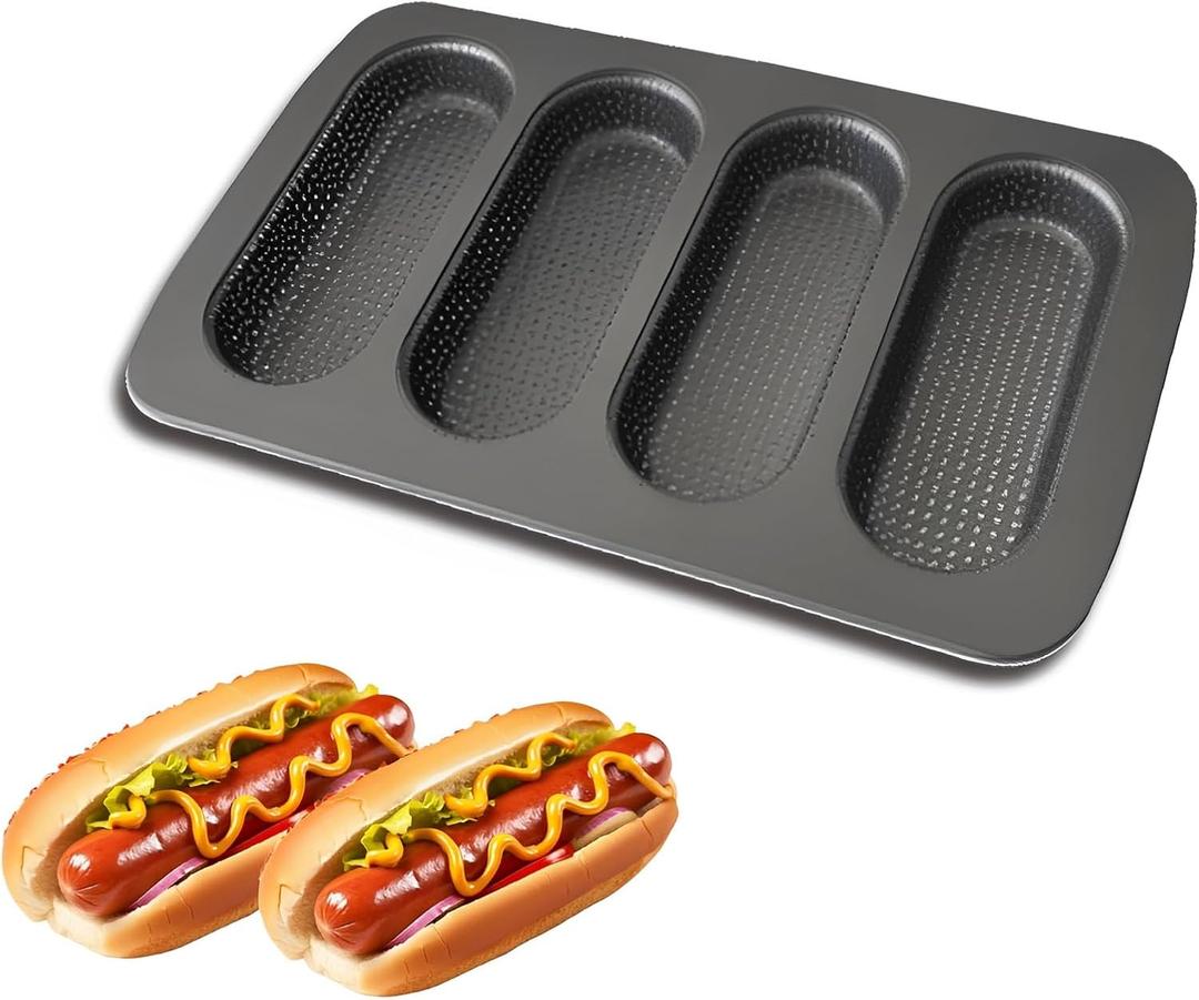 Hot Dot Bun Pan, Non-Stick Carbon Steel Baguette Pan, Perforated Hotdog Bread Pans, Mini Baguette Sandwich Baking Trays for Hot Dog Bun Rolls, Black (1 Pack)